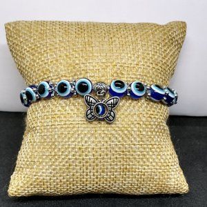 Bracelet / Vintage Blue Evil Eye Butterfly Charm  / Stretch Bracelet  /